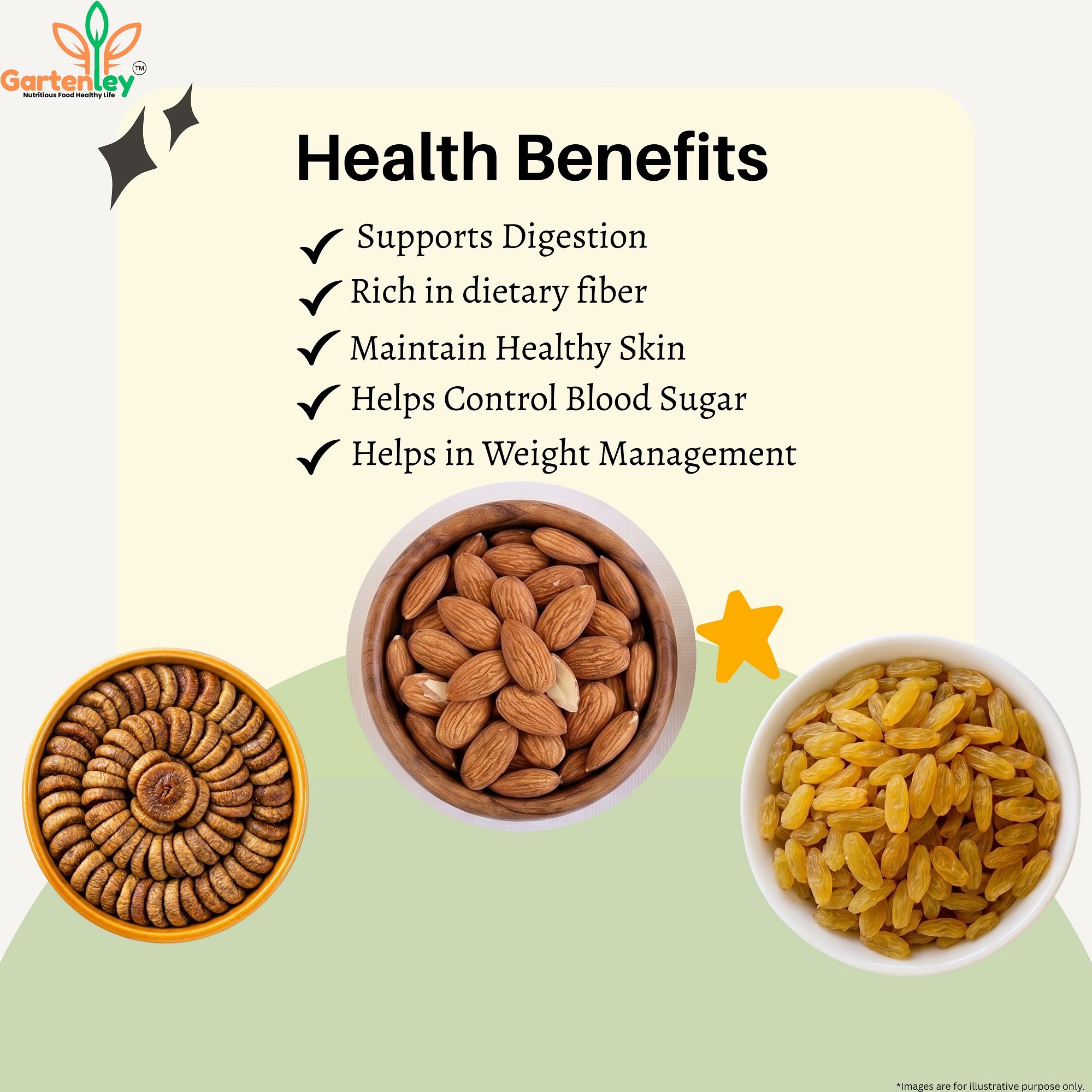 PREMIUM CALIFORNIA ALMONDS, DRIED FIGS (ANJEER) & RAISINS (KISHMISH) COMBO PACK -600g - Image 4